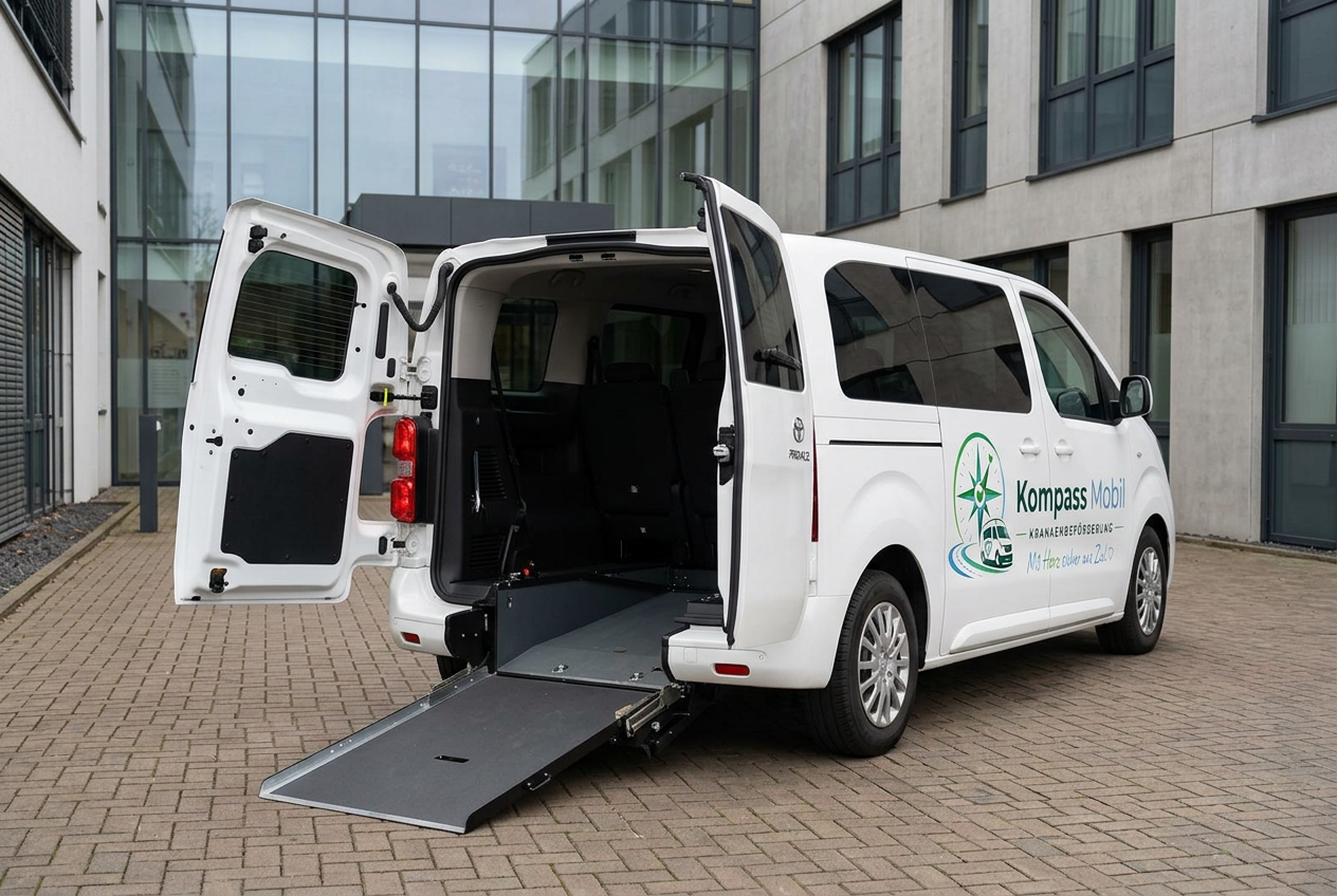 Toyota ProAce mit geöffnetem Heck und ausgefahrener Rollstuhlrampe