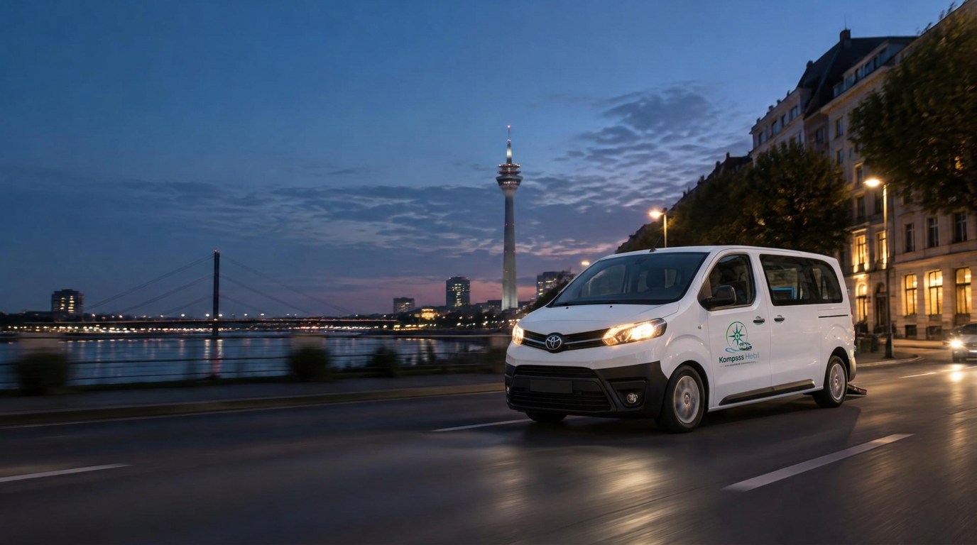 Weißer Toyota ProAce von Kompass Mobil unterwegs in Düsseldorf