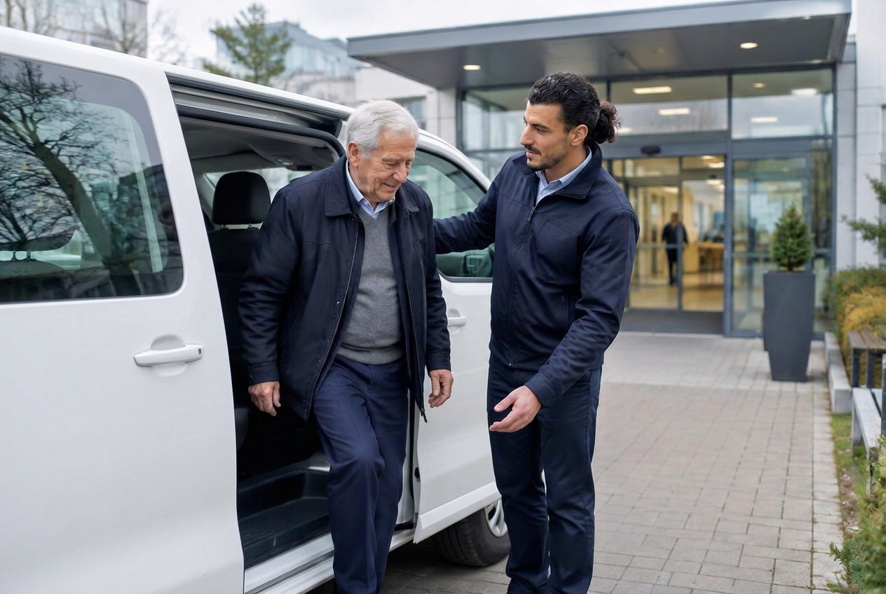 Ein Fahrer hilft einem Fahrgast bei der Ankunft an einer Klinik