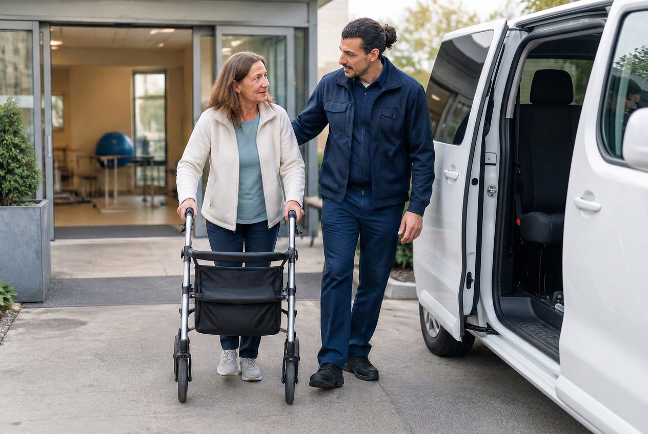 Ein Fahrer begleitet eine Patientin mit Gehhilfe von der Therapie zum Fahrzeug